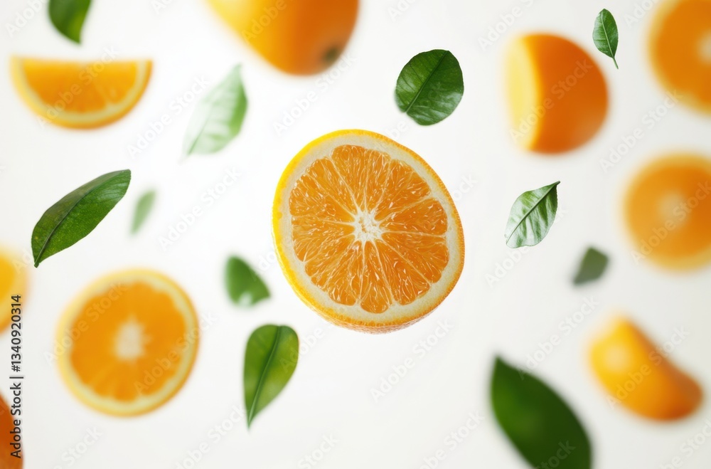 Oranges and leaves floating in the air, creative fruit ad, Oranges and leaves floating in the air, creative fruit ad,