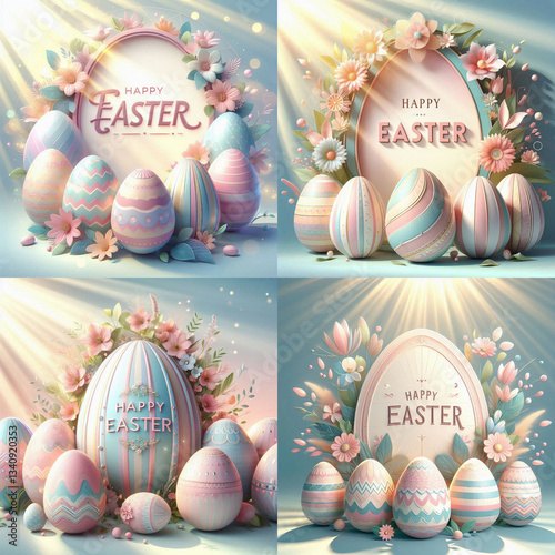 sun rays falling to pastel-colored Easter-themed egg-shape frame with text inside. frame is adorned with spring pastel flowers, leaves, and branches. Inside frame is text “HAPPY EASTER” 