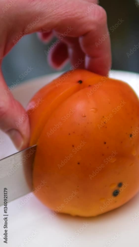 Cutting into pieces of ripe orange persimmon, cooking food using fresh persimmon, which is cut into pieces. High quality 4k footage