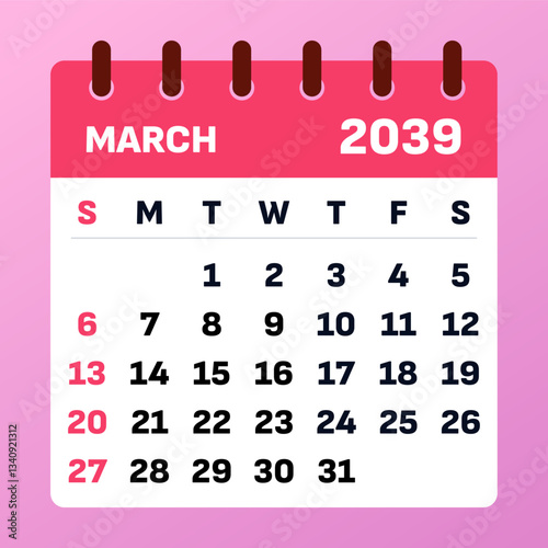 March 2039 Calendar Layout. Background for seasonal organization. Simple vector planner. Flat design