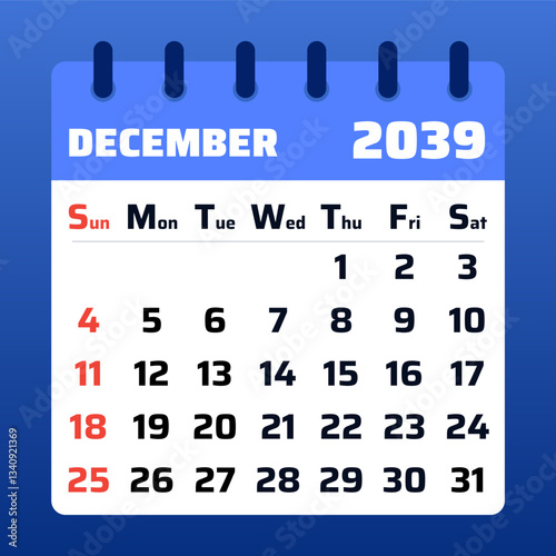 December 2039 Calendar Template. Holiday planner for event scheduling. Clean and elegant vector design