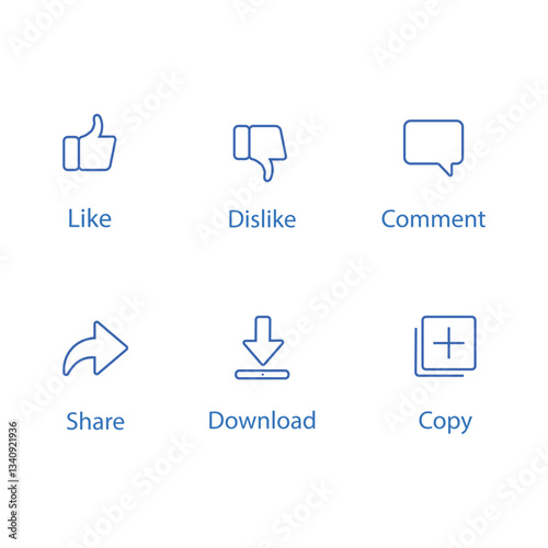 social media facebook like, dislike, comment, share, download, copy icons set