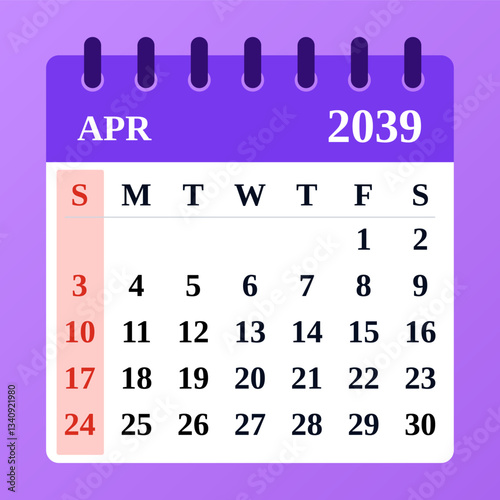 April 2039 Calendar Template. Ideal for scheduling. Clean and modern monthly planner. Vector illustration