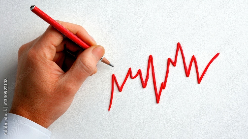 Red Pencil Drawing Rising Fluctuating Line Depicting Growth or Volatility on Clean White Background Red Pencil Drawing Rising Fluctuating Line Depicting Growth or Volatility on Clean White Background