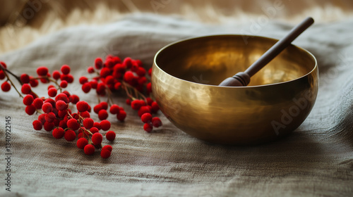 Bronze singing bowl and autumn meditation with berries
