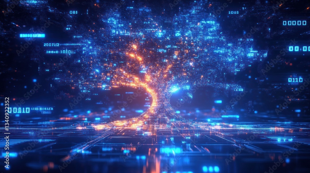 Obraz premium Glowing Digital Tree Symbolizing Growth of Artificial Intelligence and Technology Data with Binary Code and Algorithms