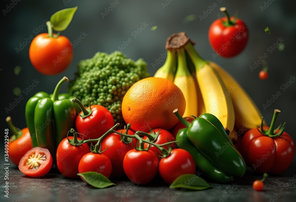 vibrant floating fruits colorful vegetables dark background create eye catching stunning visual contrast, apple, avocado, banana, beet, blackberry