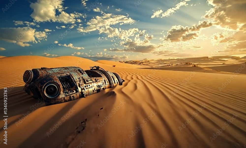 Sunlit desert scene featuring a crashed spacecraft half-buried in the golden sand dunes.