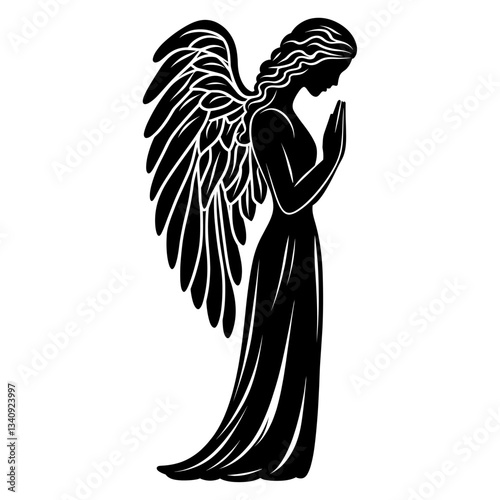 Simple angel with wings logo linear illustration stencil black vector