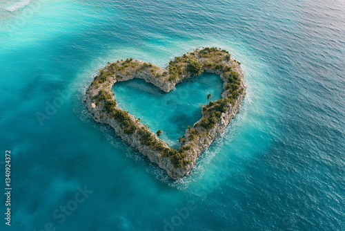 Heart-shaped island surrounded by turquoise water in a tropical setting