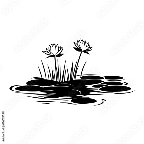 Pond linear art illustration plants vector