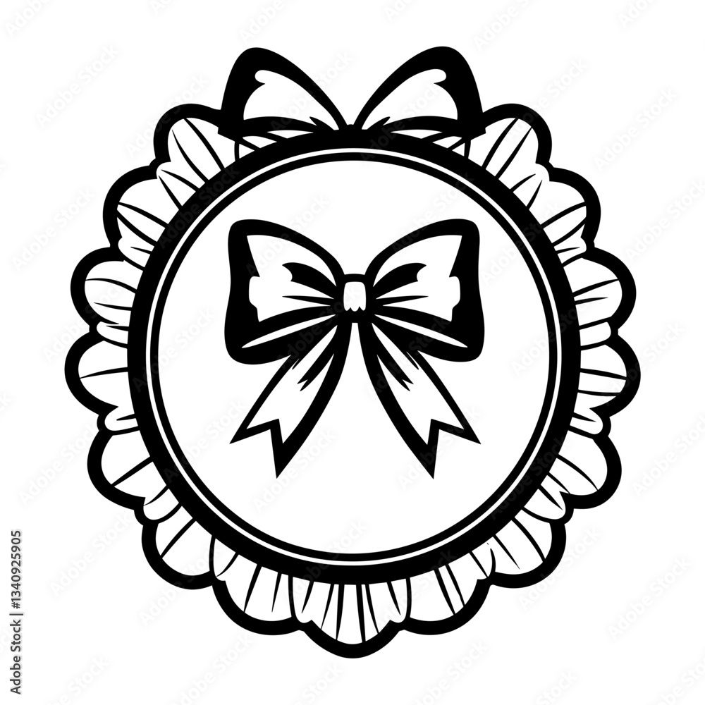 Obraz premium Simple badge with bow ribbon on outline icon linear illustration stencil emblem vector