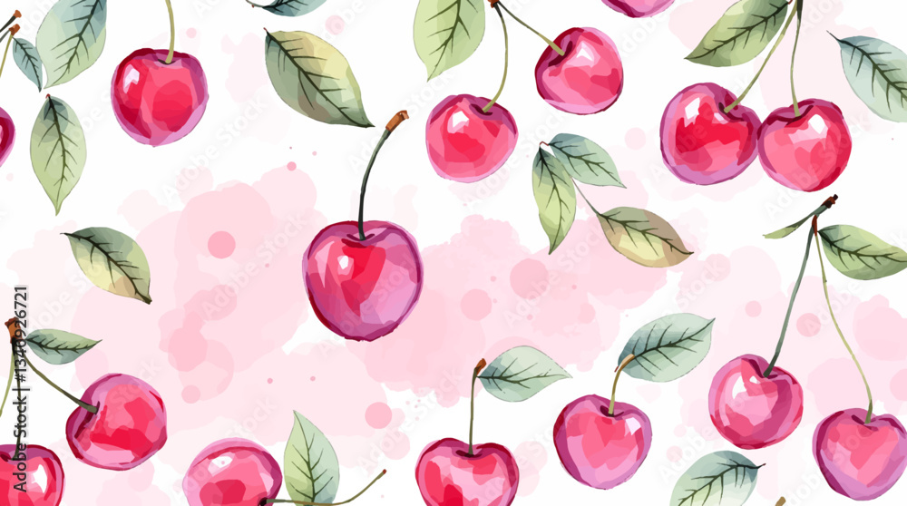Watercolor red cherries on white background seamless vector pattern