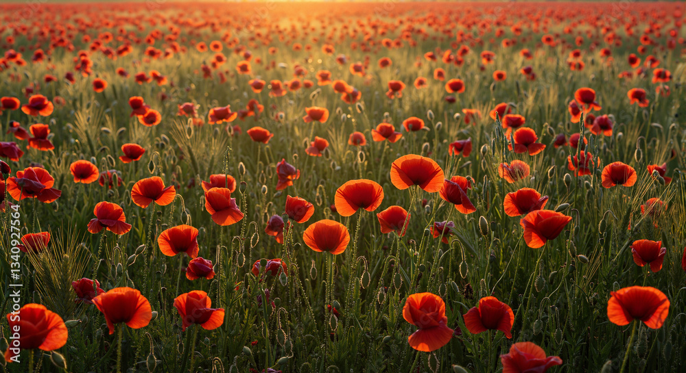 Fototapeta premium Vibrant poppy flowers blooming in a golden sunset field