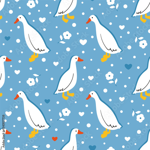 White geese in the garden. Seamless vector pattern with funny birds drawn in flat style