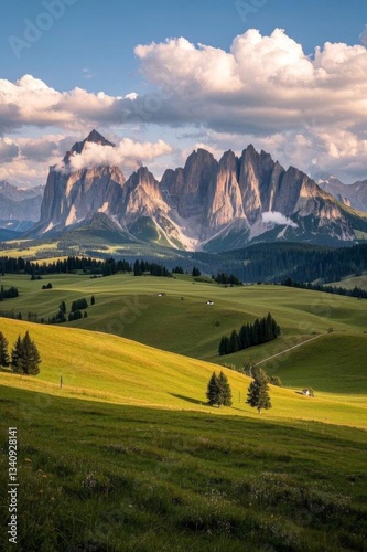 mountains in the distance with a green field and a few trees
