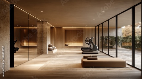 A serene and modern fitness studio with natural light and minimalist design elements for wellness and relaxation