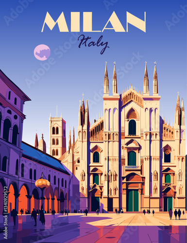 Milan, Italy travel destination poster in retro style. Colorful vector illustration 
