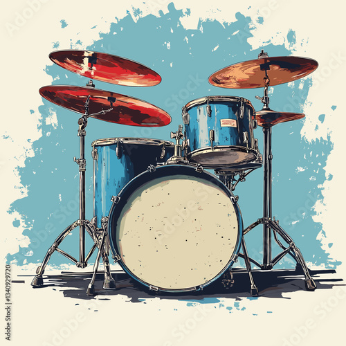 Vector illustration of an artistic drum kit with blue drums, red cymbals, and paint-splash effects on a stylish background