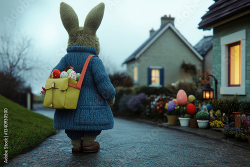 Stuffed bunny carrying a backpack full of eggs, walking through a charming village decorated for Easter festivities.