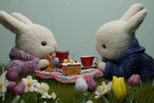 Two handmade plush rabbits having a tea party on a picnic blanket, surrounded by colorful spring flowers.