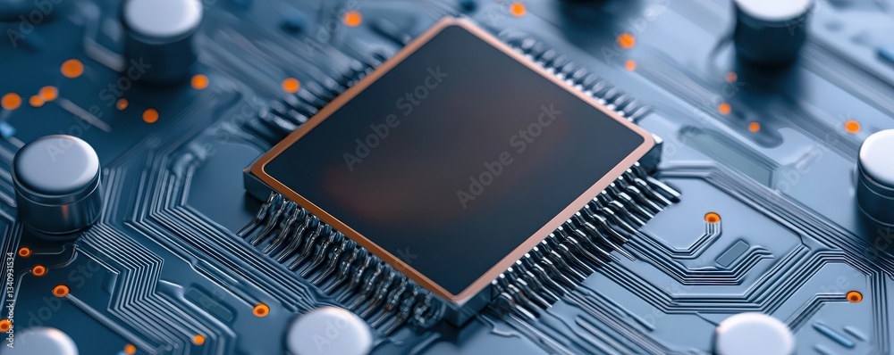 Fototapeta premium Science performance innovation assessment concept. Close-up of a microchip on a circuit board with intricate connections.