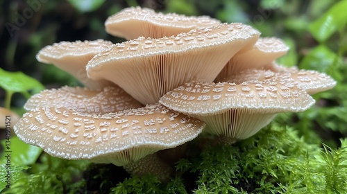 Close up of the grayish brown caps of edible hen of the woods mushrooms Grifola frondosa growing in a lush woodland area with their layered ruffled appearance