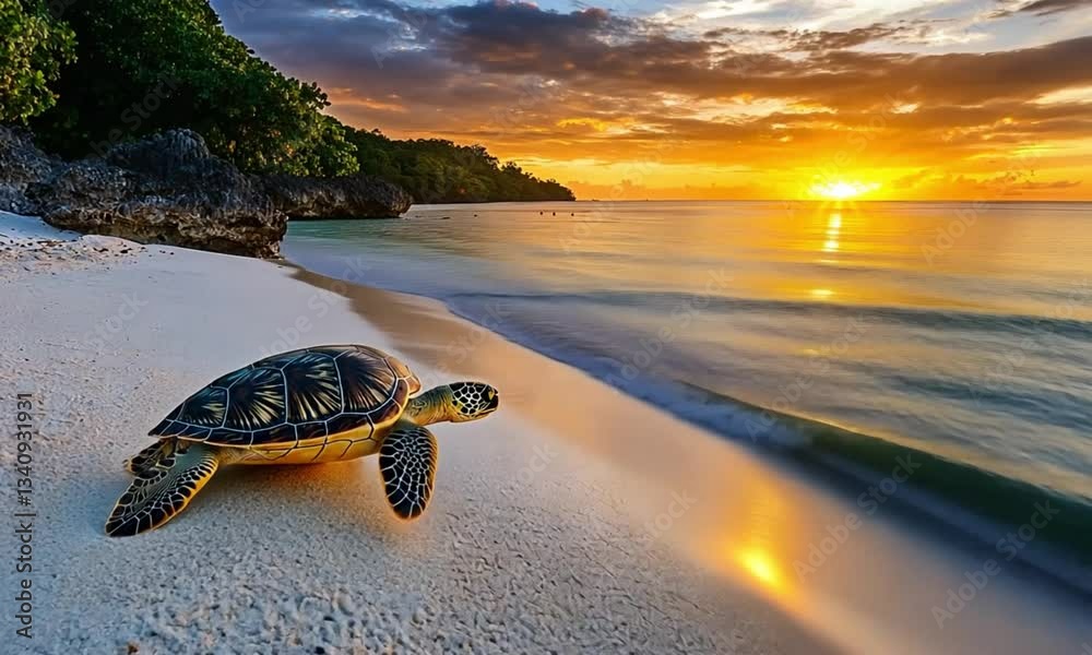 A sea turtle crawls on a white sand beach, with a golden sunset in the background.