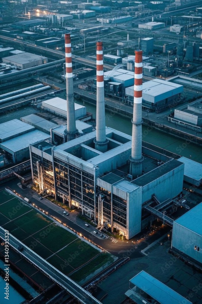 an aerial view of a factory with a large building and a river