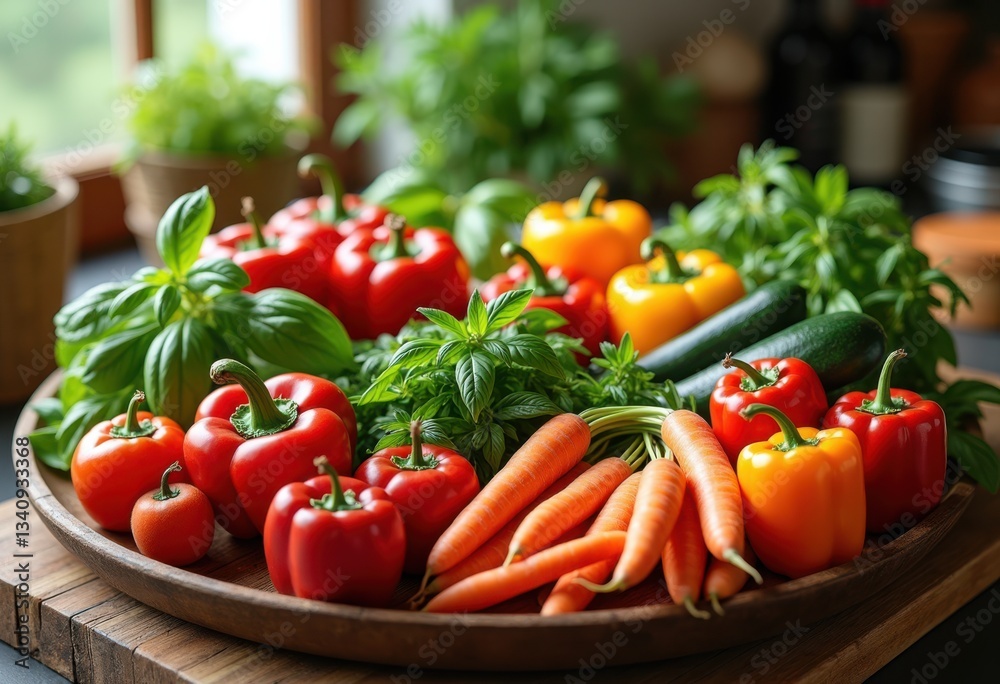 vibrant ingredients beautifully curated textured kitchen surface create lively culinary display, herbs, vegetables, fruits, food, plating, aesthetic