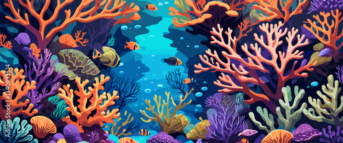 Underwater life at sea or ocean bottom. Exotic undersea world with coral reef, seaweeds and aquatic habitats in depth. Colored flat cartoon vector illustration of scenic marine landscape or seascape