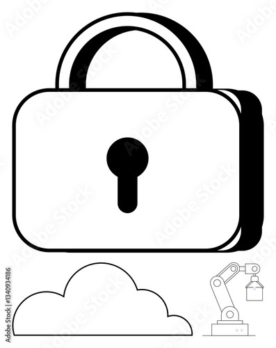 Locked padlock with keyhole, minimal cloud outline, and robotic arm highlight data security, cloud storage, automation, innovation, technology integration, privacy, and secure systems in flat simple