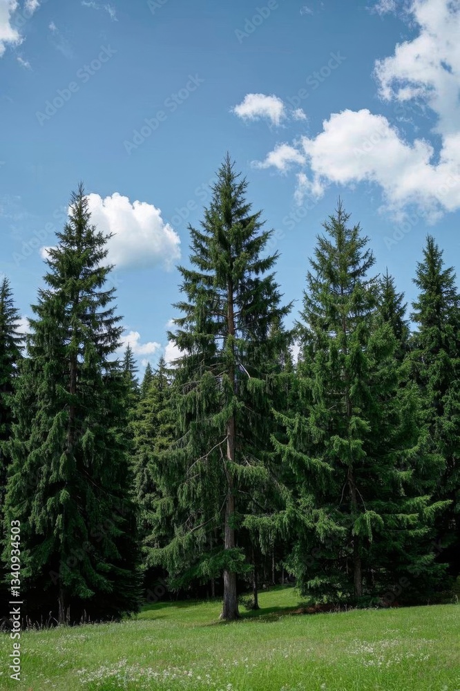 Fototapeta premium trees in a field with a blue sky and clouds in the background