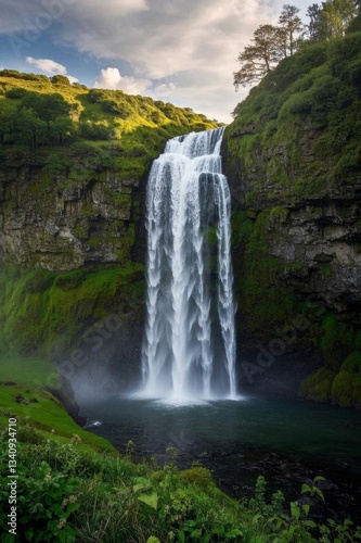 a large waterfall in the middle of a lush green valley