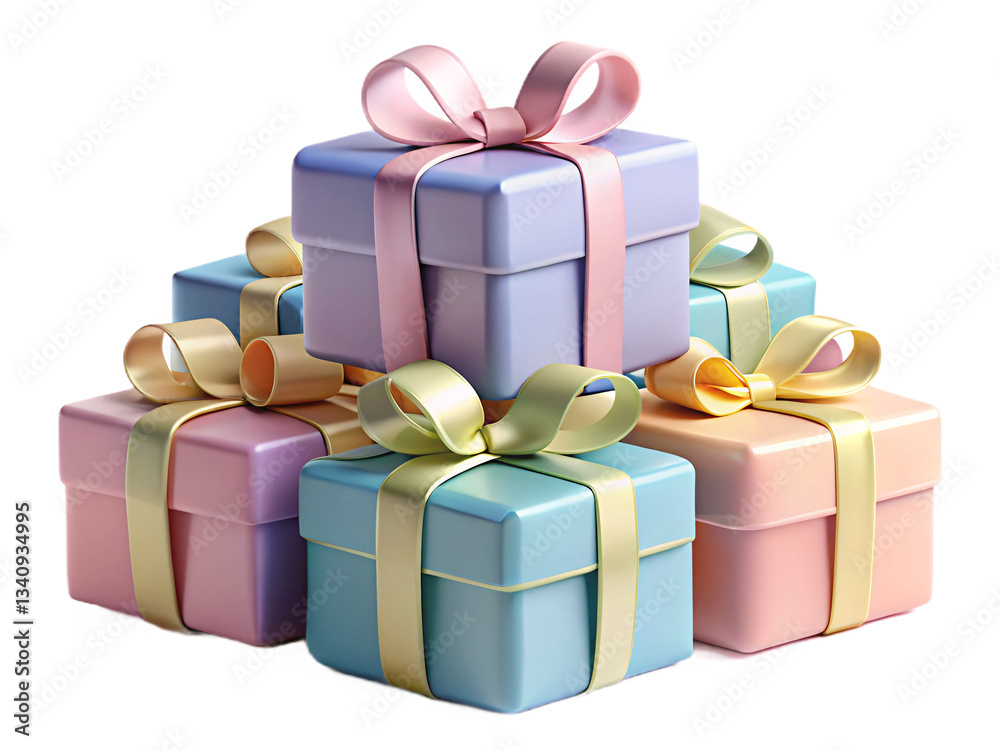 Obraz premium Stack of Pastel Gift Boxes with Ribbons – Festive 3D Illustration