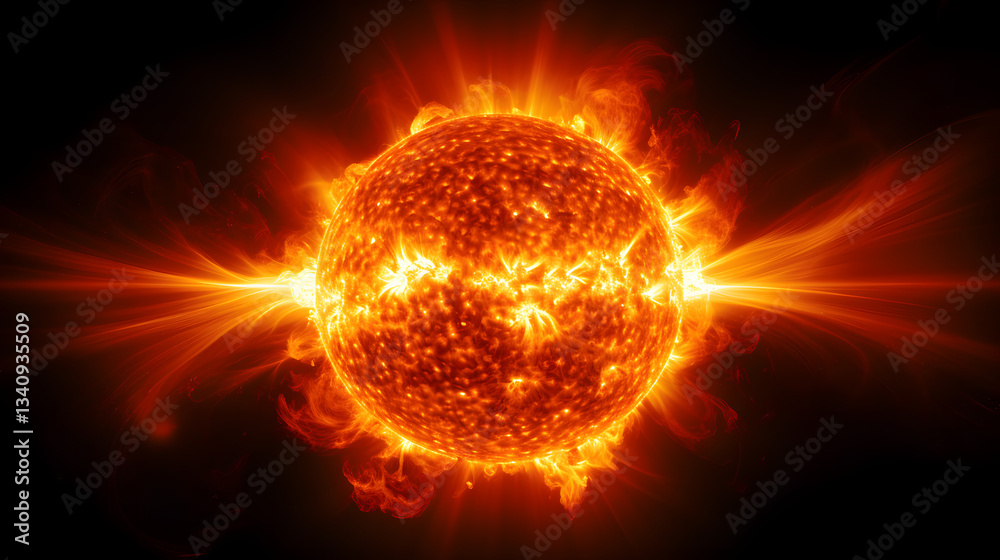 Obraz premium Powerful solar flares erupting from the sun against a dark background showcasing the intense energy and activity of our star.