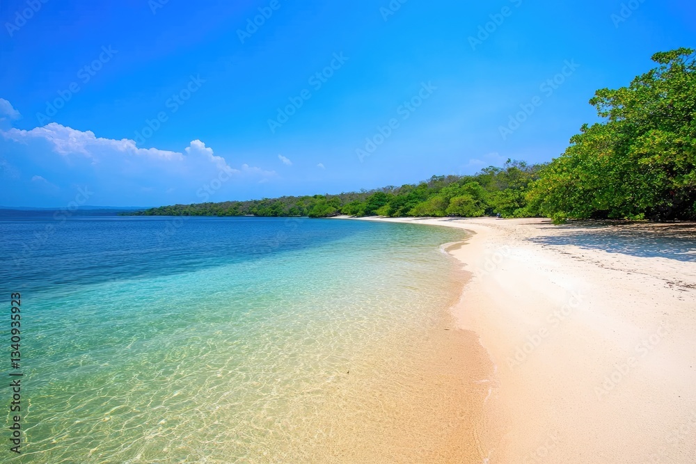 Fototapeta premium A Tranquil Paradise White Sandy Beach and Azure Waters Under a Summer Sky
