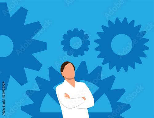 Bust of Confident Business Man with Gear Cogwheels Background. White collar work and being a successful entrepreneur vector art