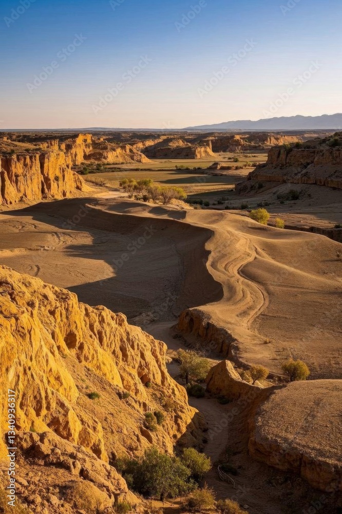 Fototapeta premium a view of a desert landscape with a few rocks and a few bushes
