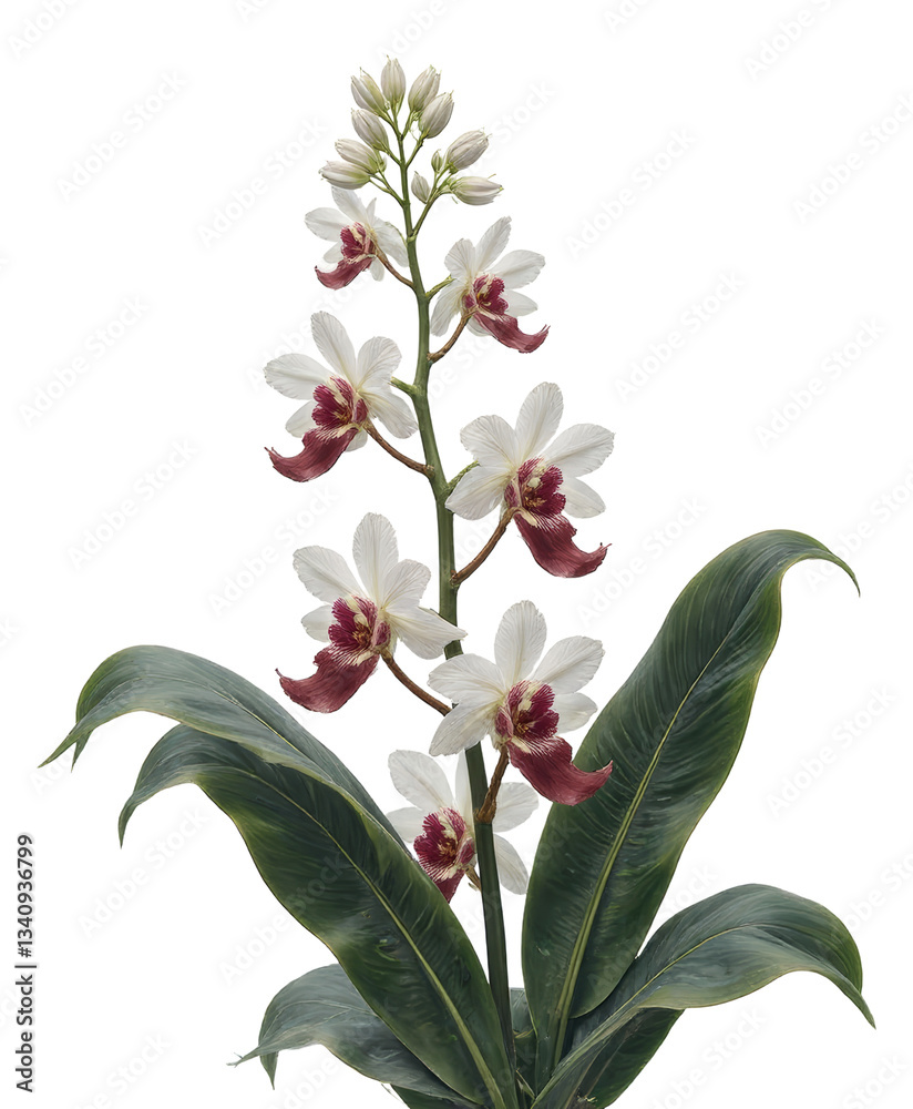 Obraz premium White and maroon orchid with lush green leaves, transparent background