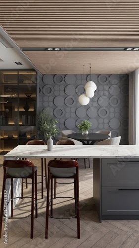 Modern studio apartment with open space living room and kitchen. 3d render