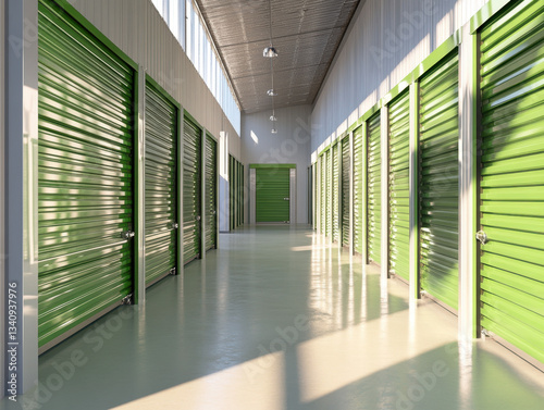 Storage unit facility shows a well-lit hallway with multiple storage units featuring green roll-up doors. The clean, organized space provides easy access for users and efficient storage solutions