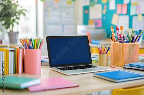 desk with laptop, books, and school stationery,