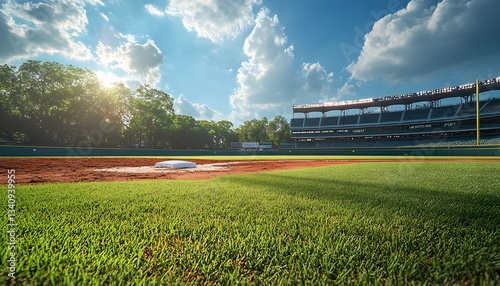 Ground-level view of an empty baseball field with green grass, red dirt, white base, stadium seating, and a partly cloudy blue sky