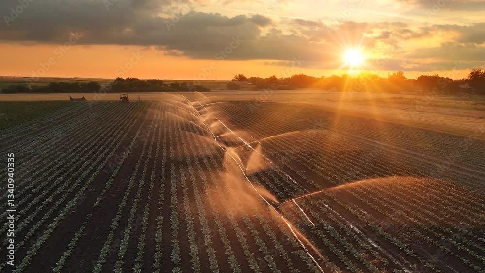 Aerial view drone shot of irrigation system on agricultural cabbage field at sunset helps to grow plants in the dry season. Beautiful landscape rural scene with orange sky with clouds and sun