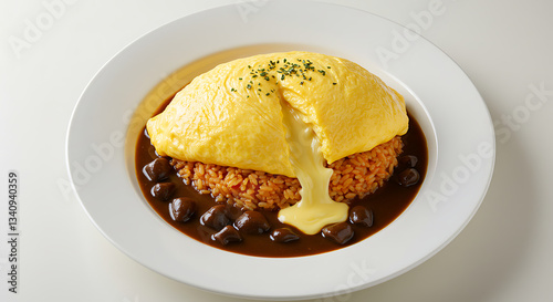 Japanese omurice with demi glace topping on white plate, fluffy omelette covering fried rice, traditional fusion dish, homemade comfort food, classic Asian cuisine