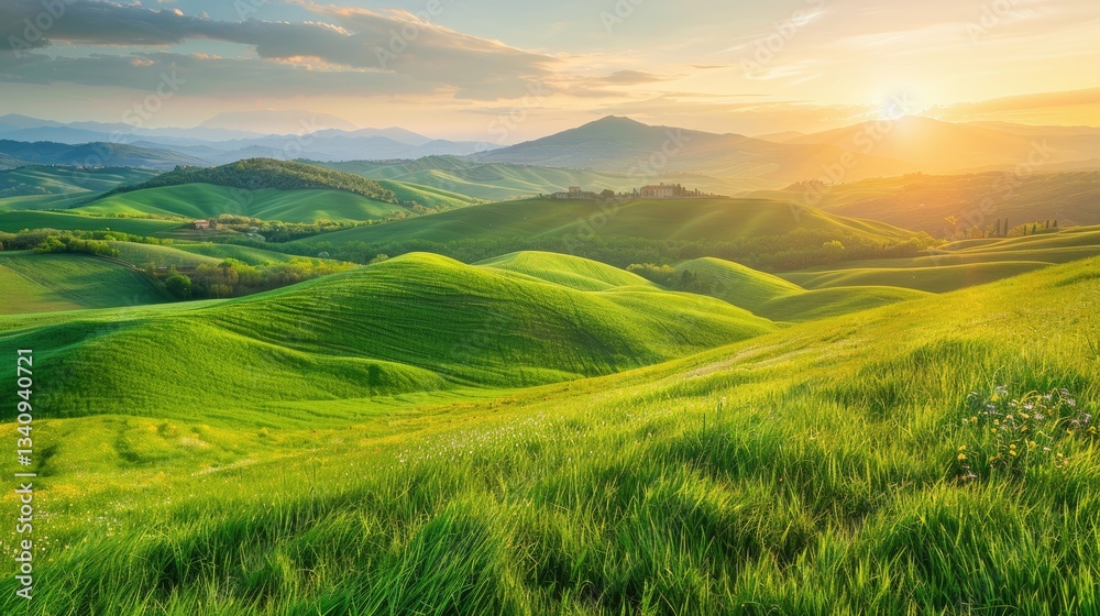 Fototapeta premium The picture of the green mountain filled with grass field and plant in the bright time of the day with bright light and warm from the sun that has been rising in morning or falling in evening. AIG51.