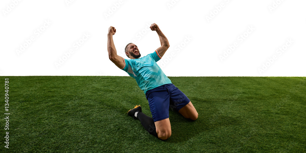 Fototapeta premium Male footballer celebrating victory, kneeling on grass, fists clenched, roaring in triumph, emotions pouring after decisive match. Concept of glory, dedication, competition, final goal, success.