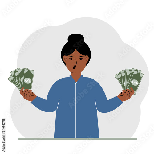 A woman with banknotes in both hands. The concept of wealth. Vector