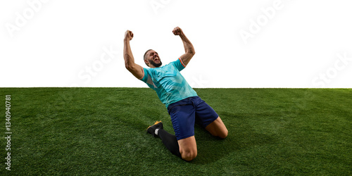 Male footballer celebrating victory, kneeling on grass, fists clenched, roaring in triumph, emotions pouring after decisive match. Concept of glory, dedication, competition, final goal, success. photo